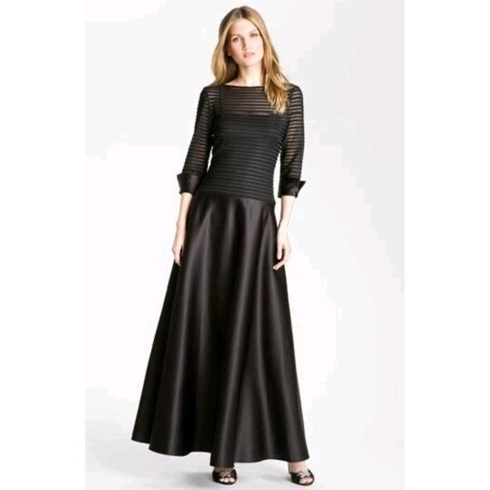 JS COLLECTIONS Black Sheer 2PC Illusion Bodice Sleeve Satin Skirt Mock Dress